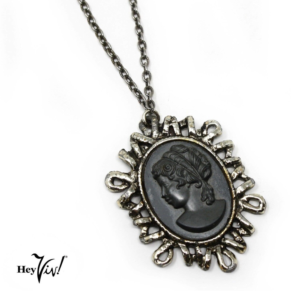 Vintage Large Black Cameo Necklace Chunky Abstract Pendant 24" Chain - Hey Viv